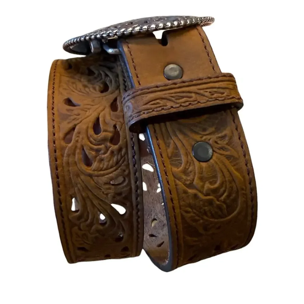 Tony Lama Size 26 Tooled Leather Belt with Filigree Silver-Tone Oval Buckle